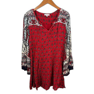 Patrons Of Peace Red Bell Sleeve Boho Peasant Dress Size Medium Coastal Summer